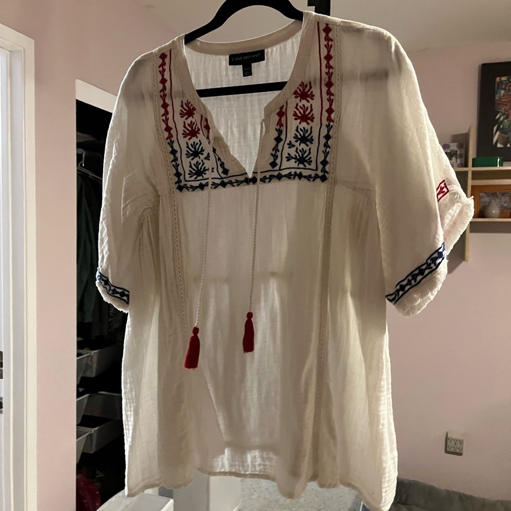 Lane Bryant Blue and White Embroidered Blouse